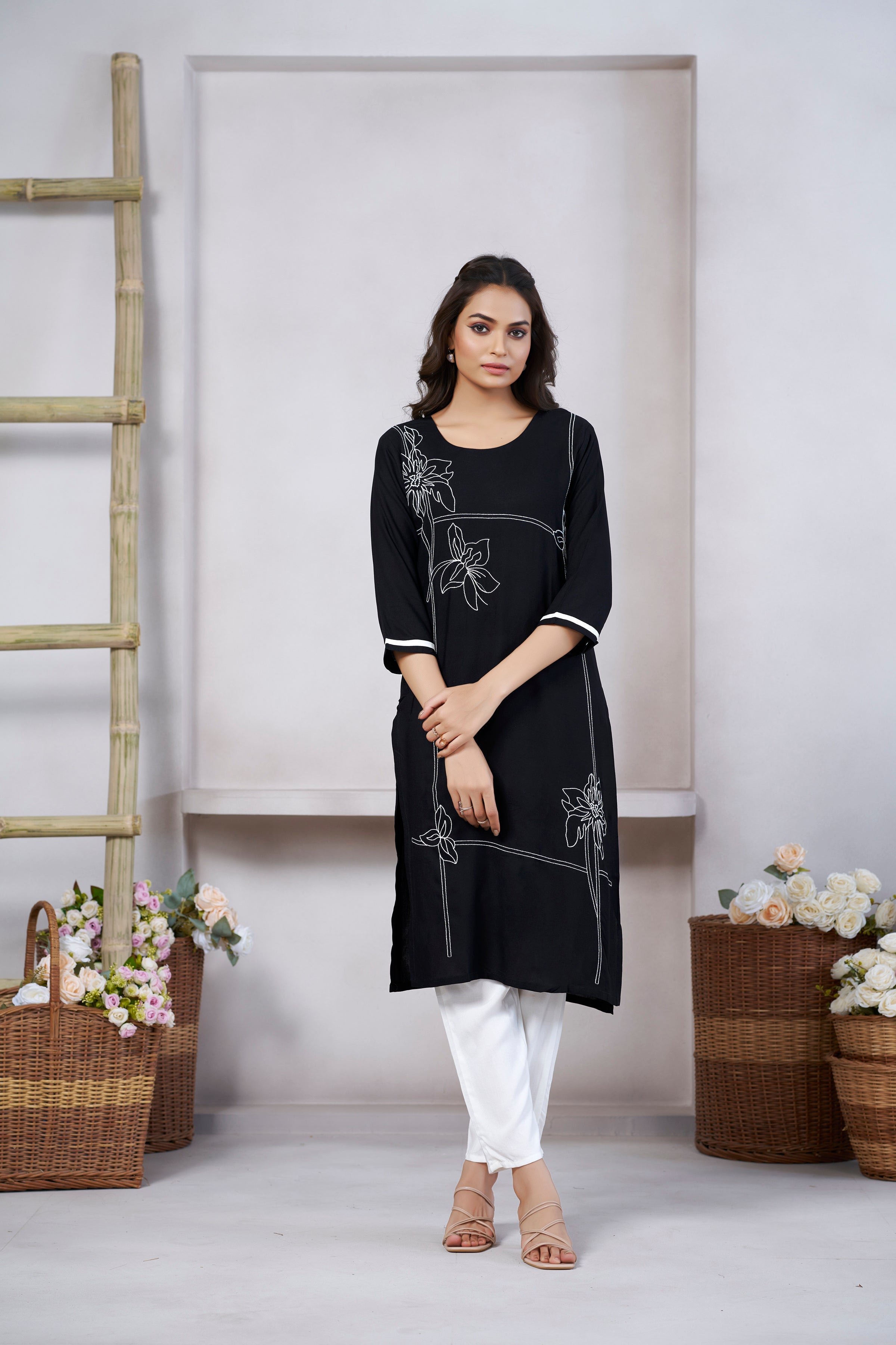 Black Viscose Rayon Kurti with Thread Work and 3/4 Sleeves with Stylish Neckline